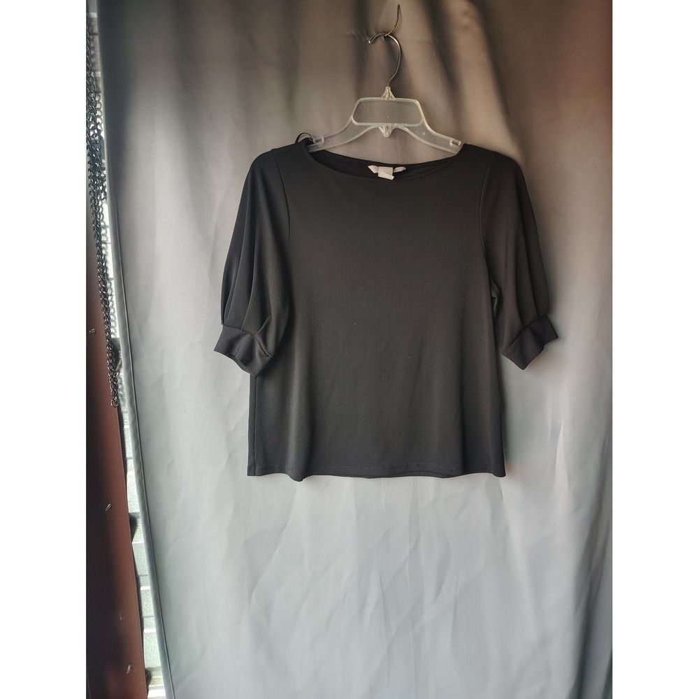 HM‎ Black Puff Sleeve Boat Neck Blouse Small Elbow Length Pleated Cuff Top